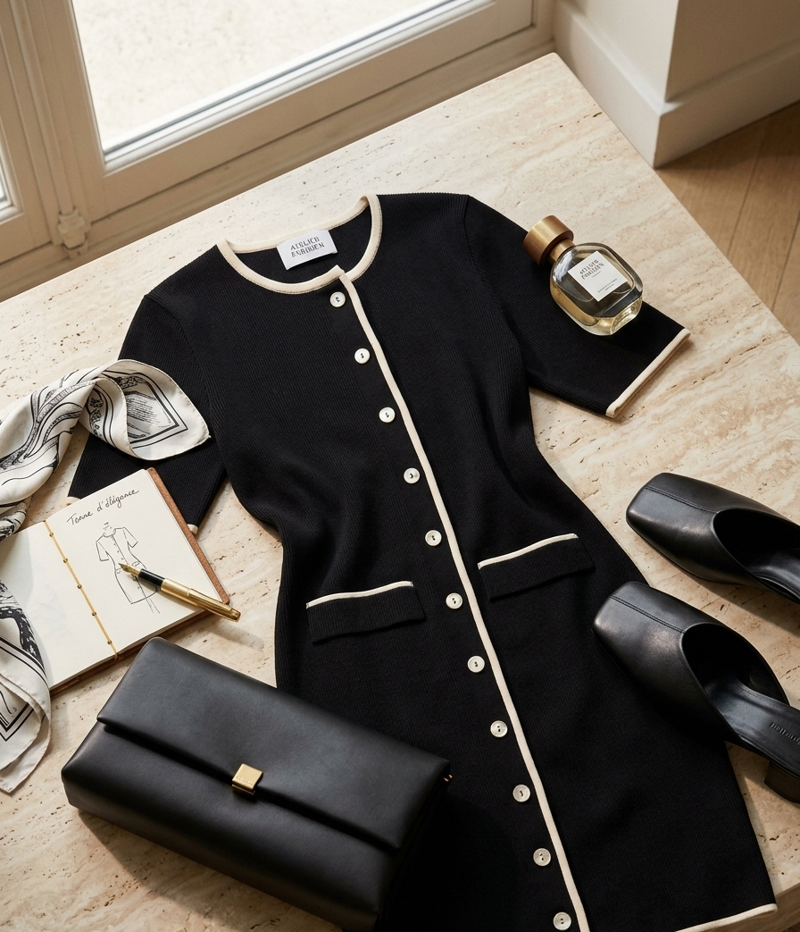 Robe courte boutonnée en maille, mise en scène